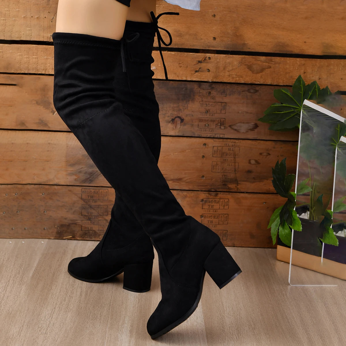 Overknee Stiefel Schwarz Kunstleder mit stabilem Blockabsatz