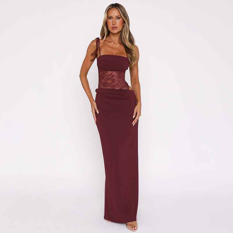 Maxikleid Damen | Figurbetontes Abendkleid mit Spitzen-Corsage & Schnurträgern