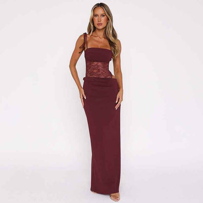 Maxikleid Damen | Figurbetontes Abendkleid mit Spitzen-Corsage & Schnurträgern