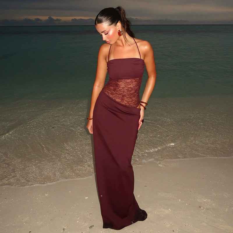 Maxikleid Damen | Figurbetontes Abendkleid mit Spitzen-Corsage & Schnurträgern