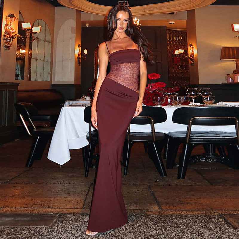 Maxikleid Damen | Figurbetontes Abendkleid mit Spitzen-Corsage & Schnurträgern