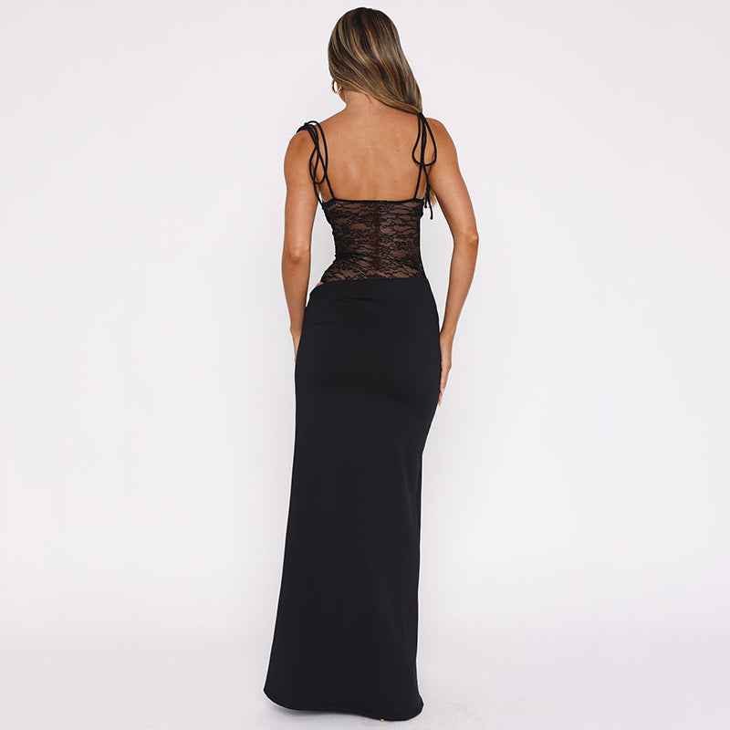 Maxikleid Damen | Figurbetontes Abendkleid mit Spitzen-Corsage & Schnurträgern