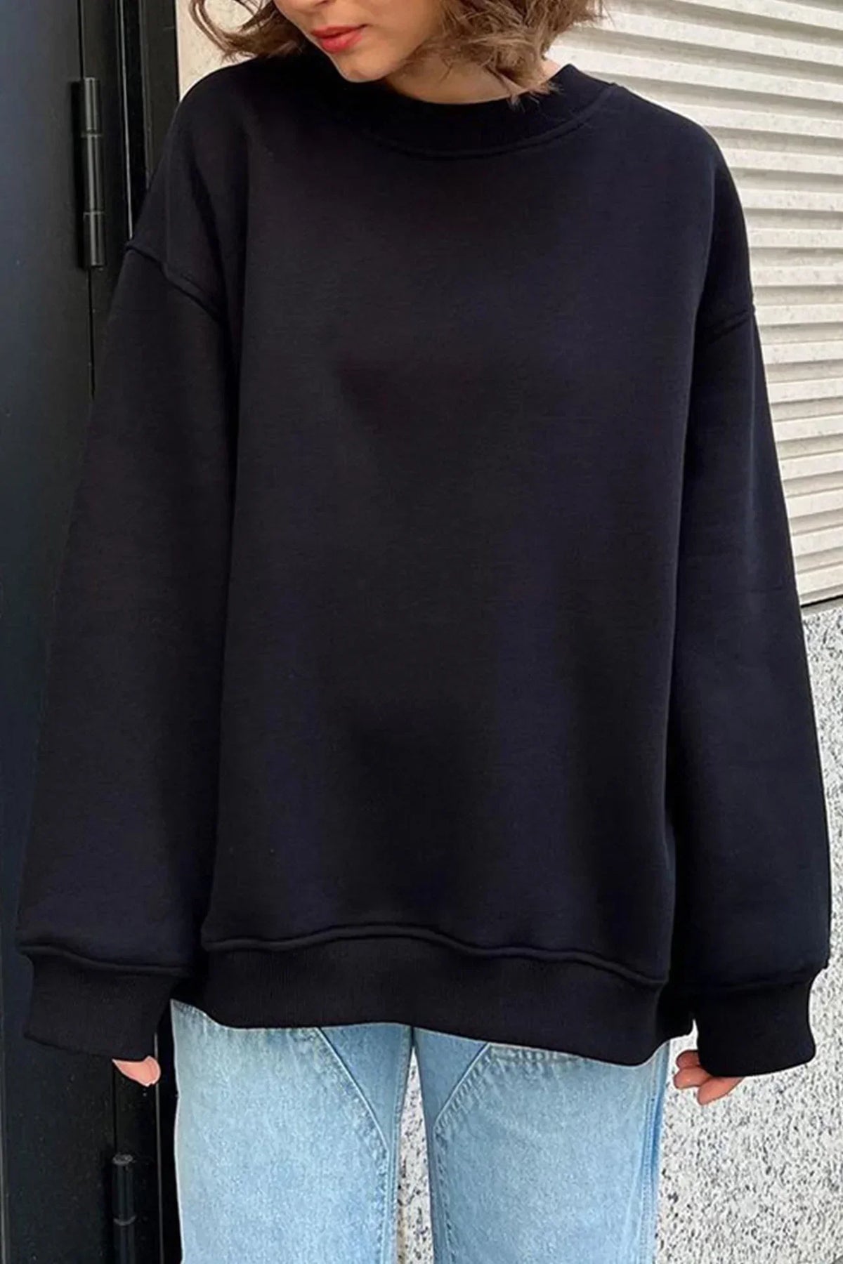 Damen Oversize Pullover Rundhals Strickpullover Gerippt 3