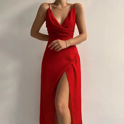 Sommerkleid Damen Satin-Look | Träger & Beinschlitz