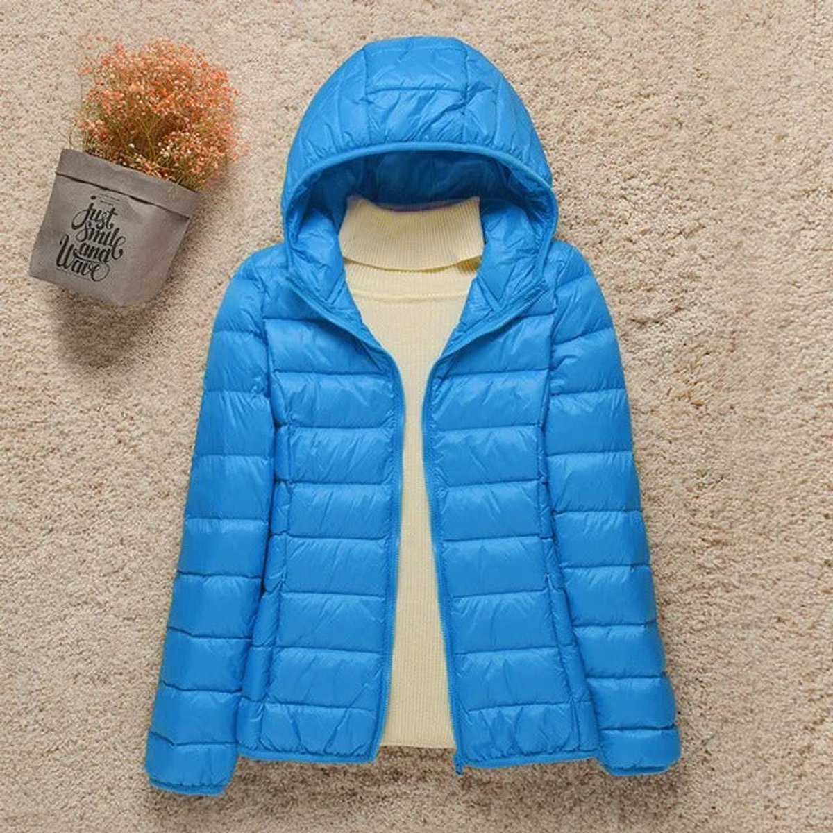 Damen Steppjacke mit Kapuze ultraleichte Übergangsjacke - Hellblau
