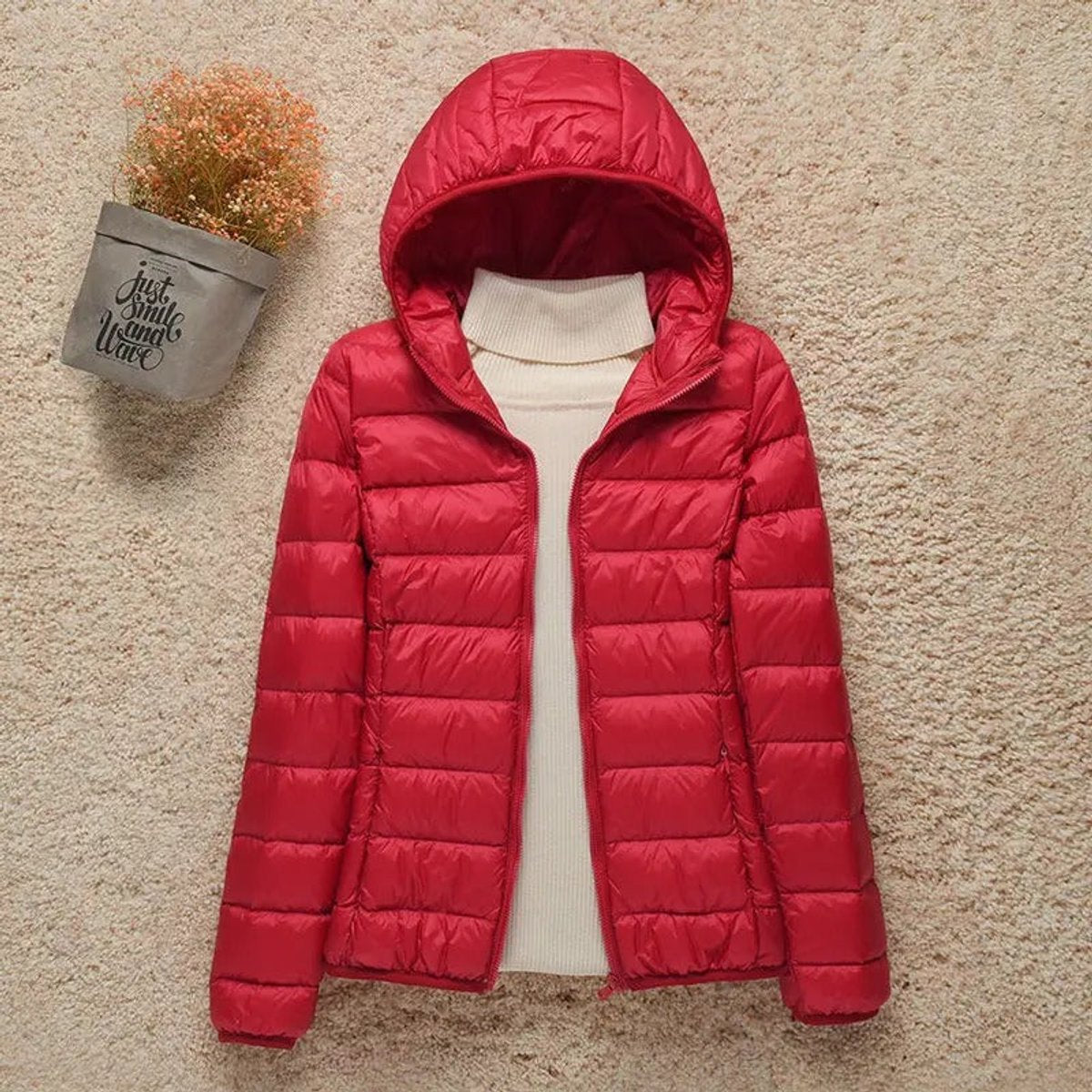 Damen Steppjacke mit Kapuze ultraleichte Übergangsjacke - Rot