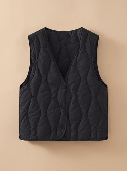 Damen Gesteppter Bodywarmer mit V-Ausschnitt Druckknopf-Thermoweste - Schwarz
