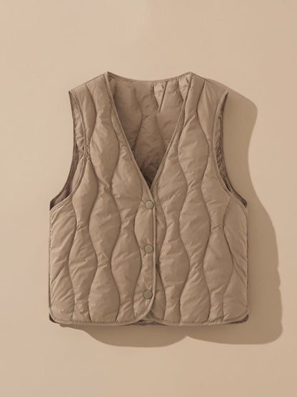 Damen Gesteppter Bodywarmer mit V-Ausschnitt Druckknopf-Thermoweste - Khaki