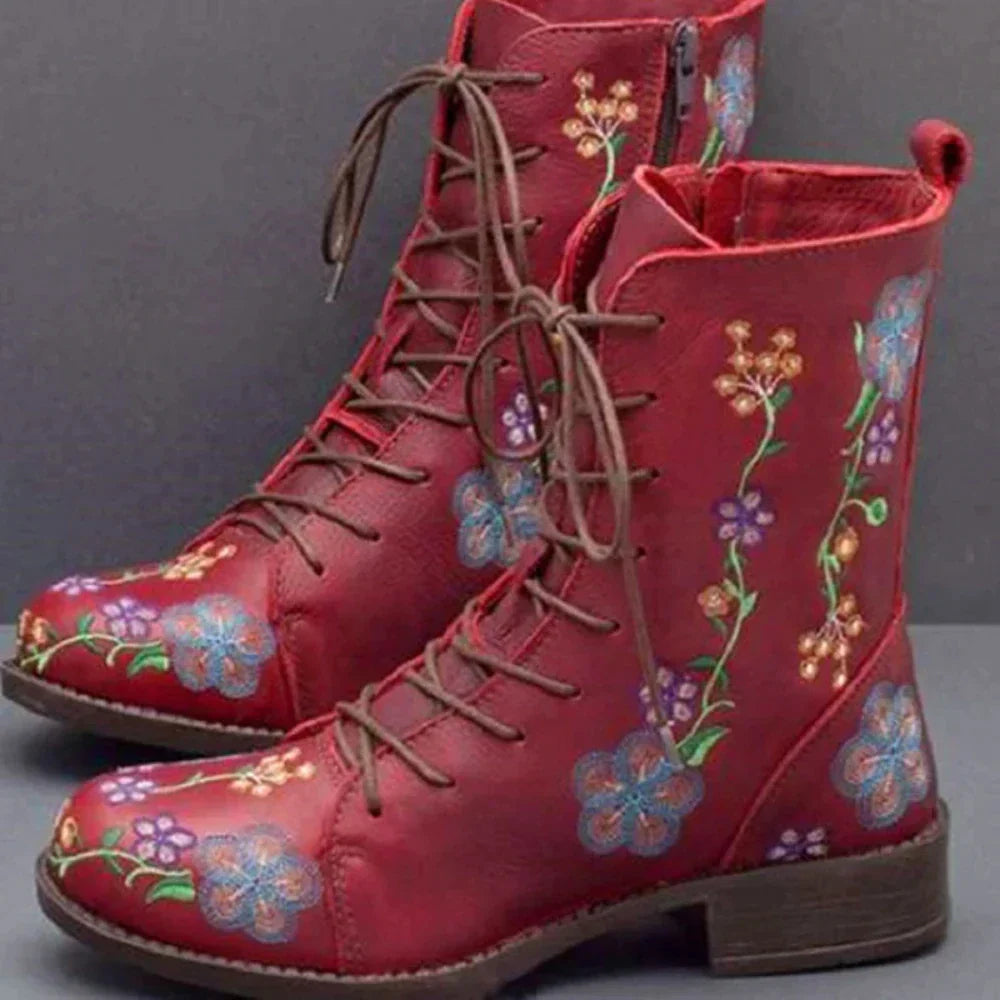 Stiefel Damen | Blüten-Stickerei & Schnürung