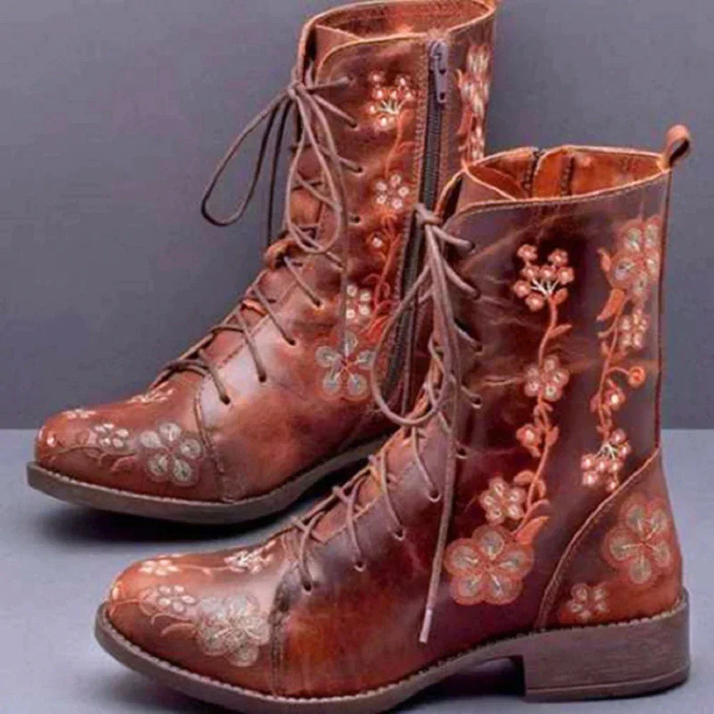 Stiefel Damen | Blüten-Stickerei & Schnürung