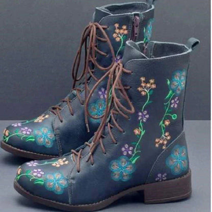 Stiefel Damen | Blüten-Stickerei & Schnürung