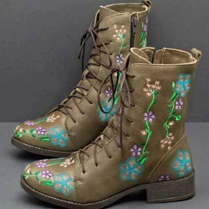 Stiefel Damen | Blüten-Stickerei & Schnürung