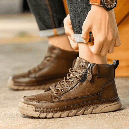 Close-up of the stitching on a leather men's boot