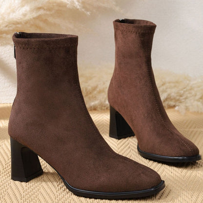Damen Stiefeletten Wildleder Blockabsatz mit Reißverschluss - Kaffee