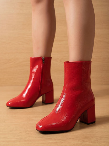 Damen Kunstleder Stiefeletten mit Blockabsatz und Seitlichem Reißverschluss - Rot