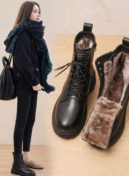 Stiefeletten Damen Gefütterte Schnür-Ankle-Boots PU-Leder Reißverschluss