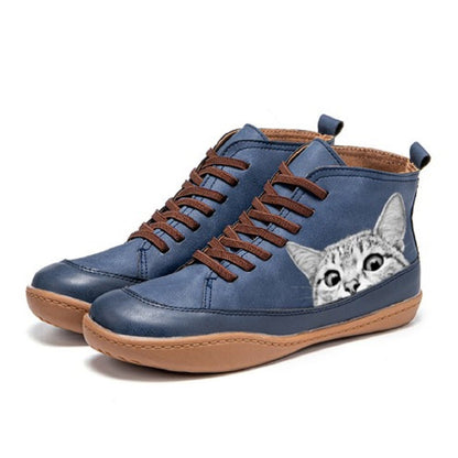 Stiefeletten Damen | Katzen-Print & Schnürung