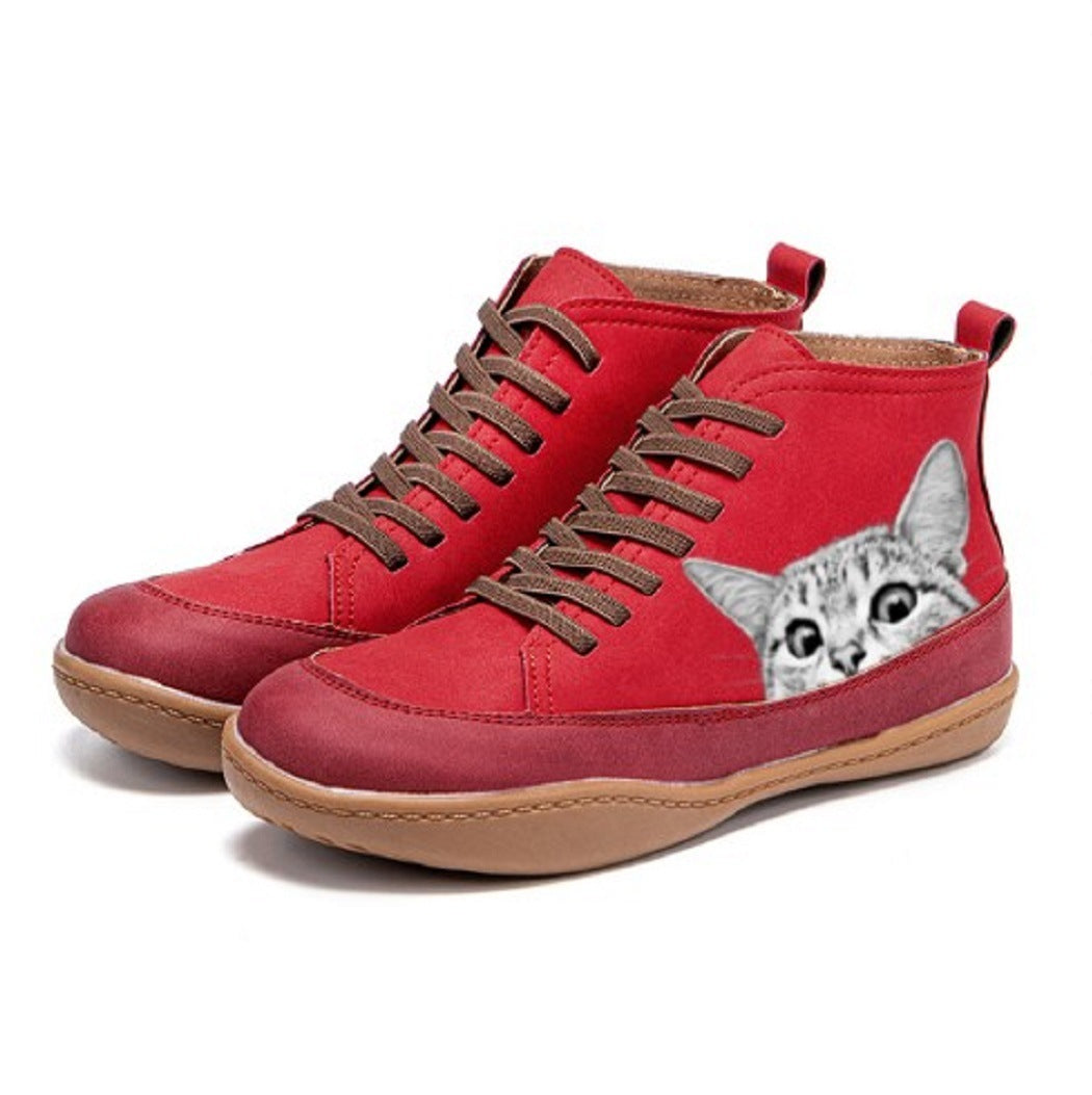 Stiefeletten Damen | Katzen-Print & Schnürung