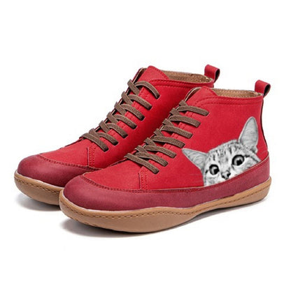 Stiefeletten Damen | Katzen-Print & Schnürung