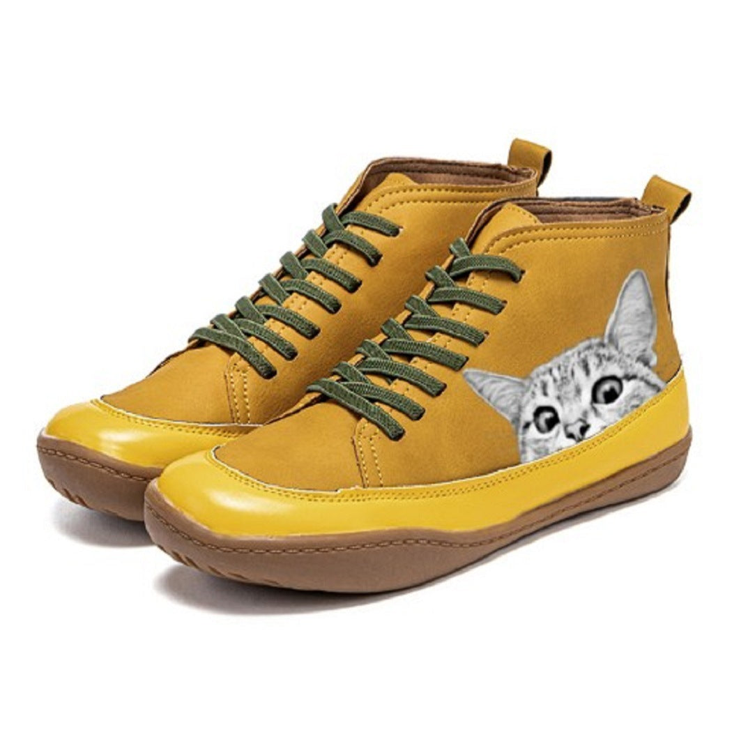 Stiefeletten Damen | Katzen-Print & Schnürung