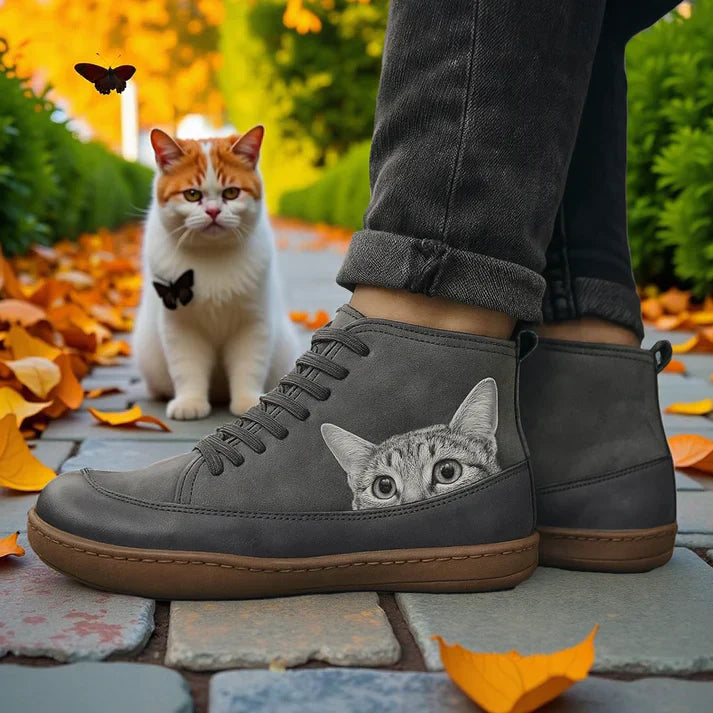 Stiefeletten Damen | Katzen-Print & Schnürung