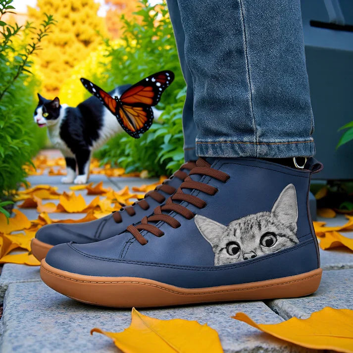 Stiefeletten Damen | Katzen-Print & Schnürung