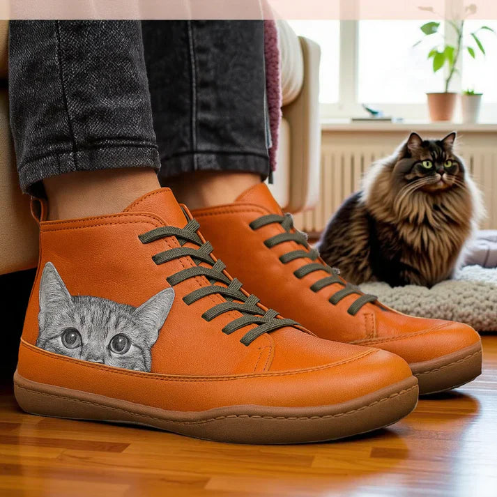 Stiefeletten Damen | Katzen-Print & Schnürung