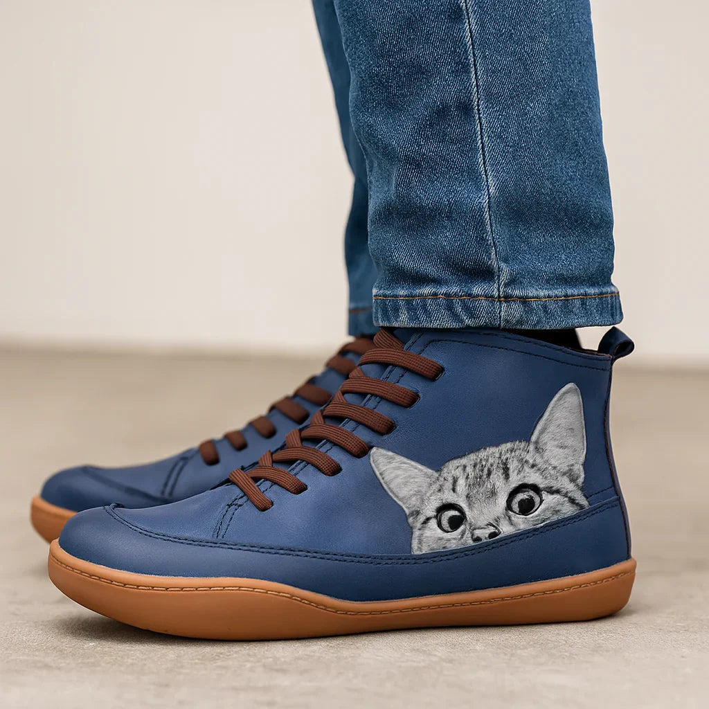 Stiefeletten Damen | Katzen-Print & Schnürung