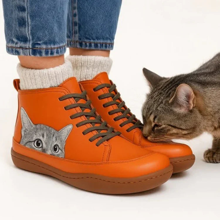 Stiefeletten Damen | Katzen-Print & Schnürung