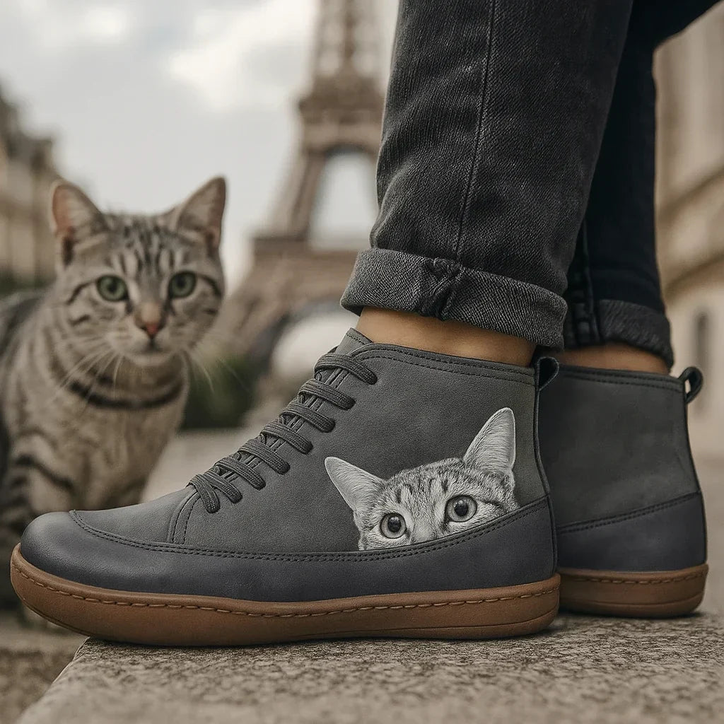 Stiefeletten Damen | Katzen-Print & Schnürung