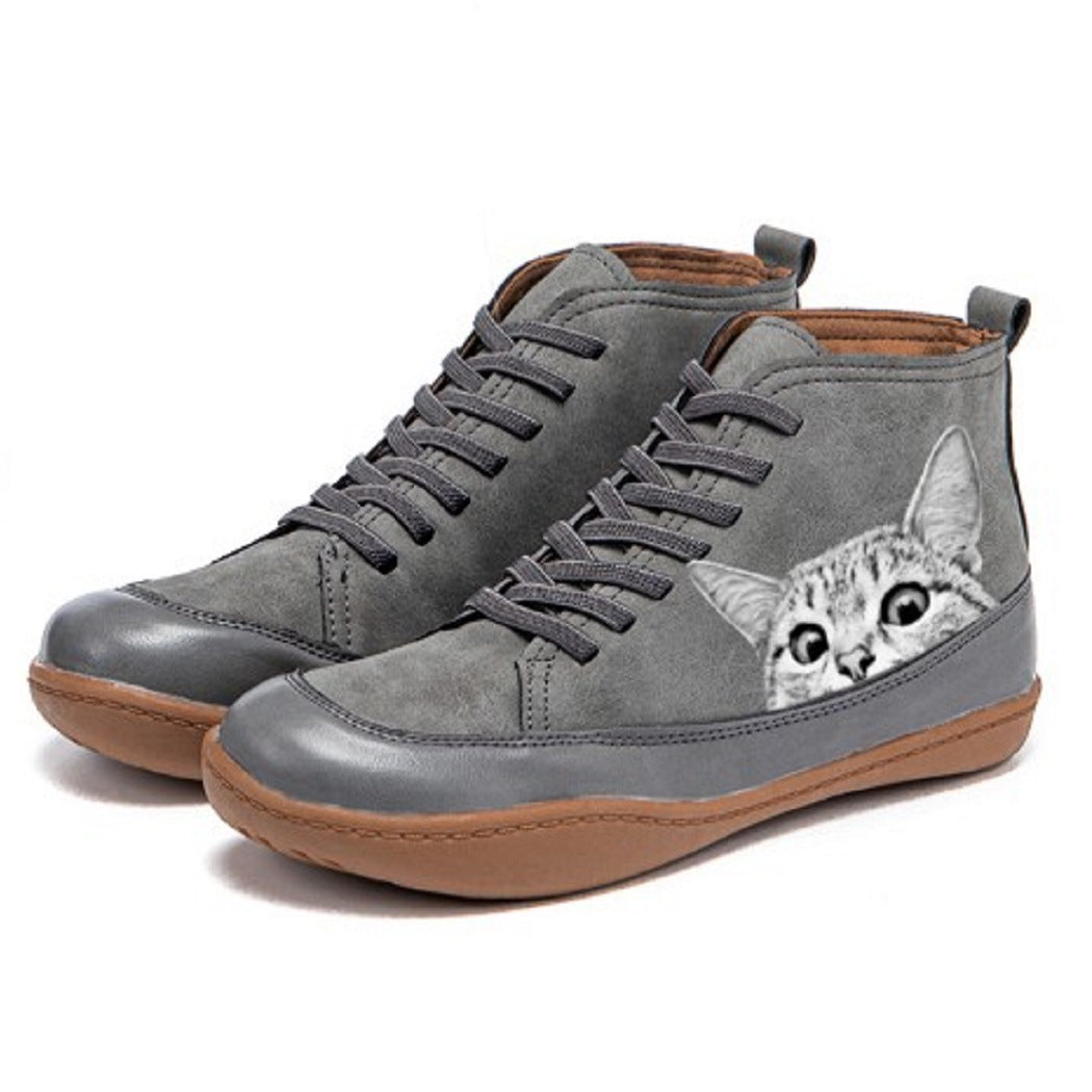 Stiefeletten Damen | Katzen-Print & Schnürung