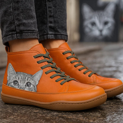 Stiefeletten Damen | Katzen-Print & Schnürung