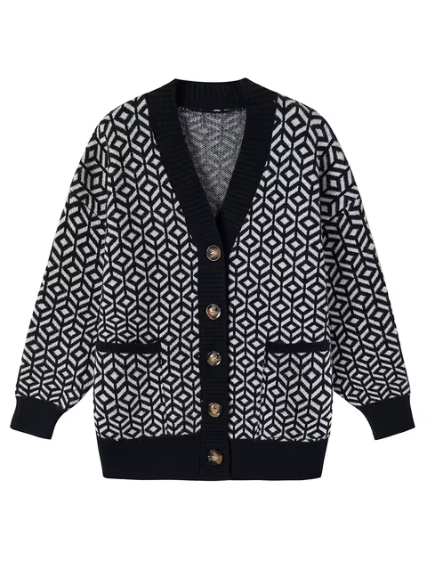 Strickjacke Damen | Geometrisches Muster & V-Ausschnitt
