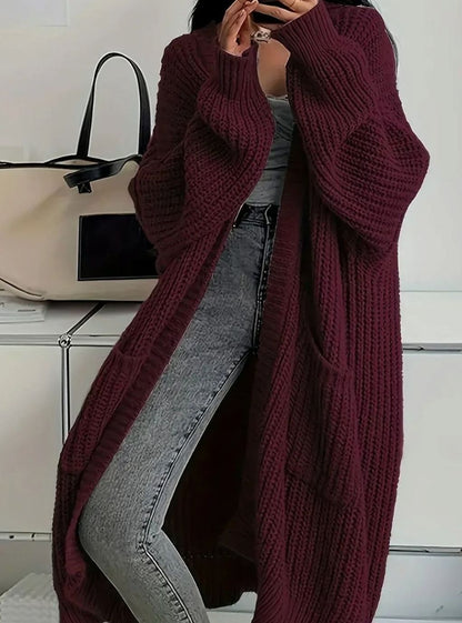 Damen Oversized Strickjacke lang mit Taschen - Karmesinrot