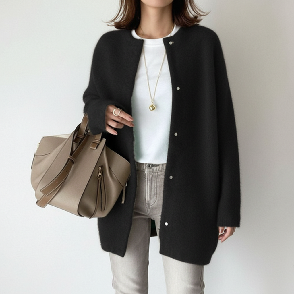 Strickjacke Damen | Rundhals & Longline mit Druckknöpfen
