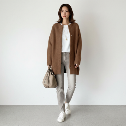 Strickjacke Damen | Rundhals & Longline mit Druckknöpfen