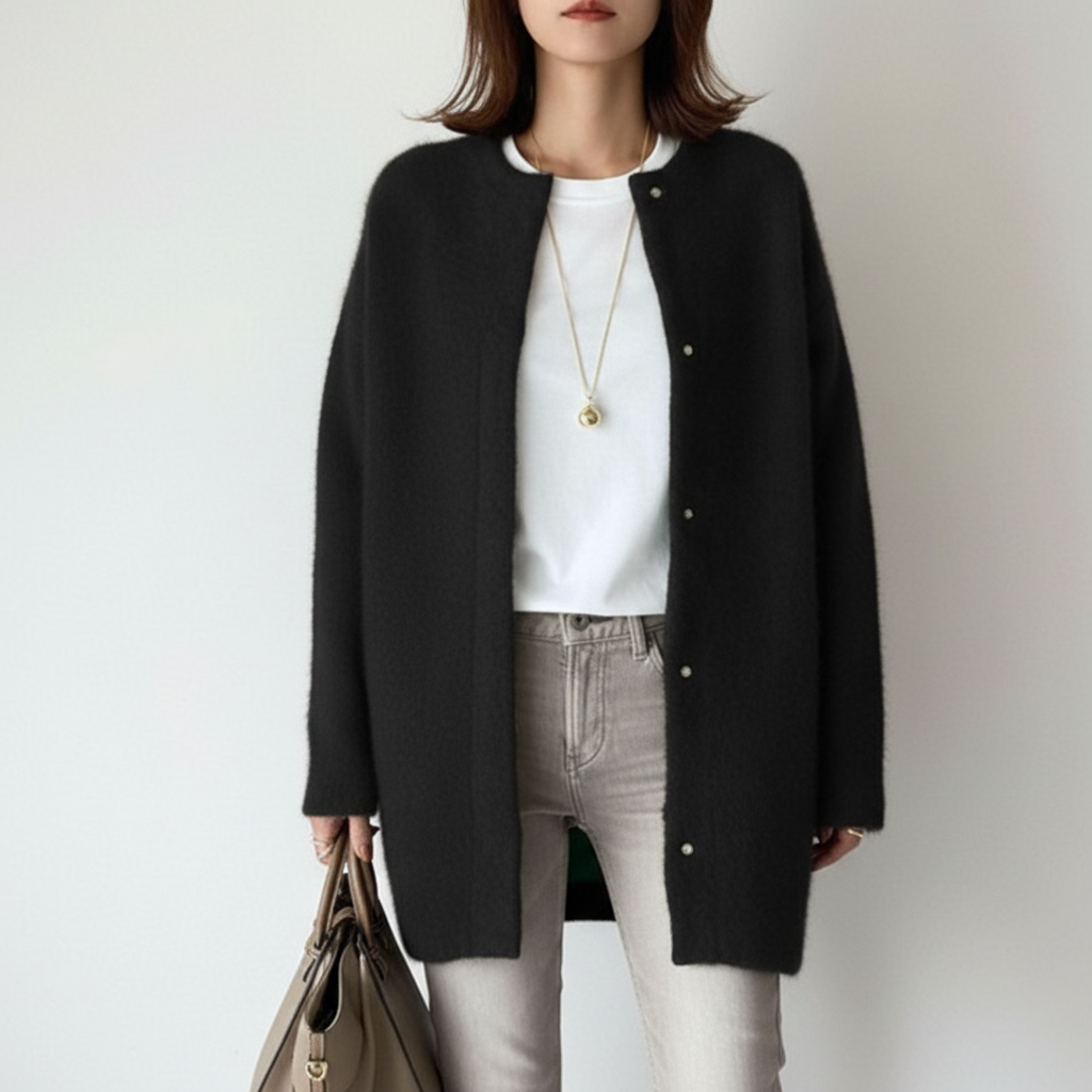Strickjacke Damen | Rundhals & Longline mit Druckknöpfen