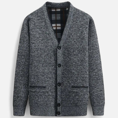Close-up of the cardigan sweater's textured knit fabric