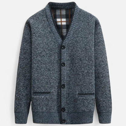 Men's knit cardigan sweater styled for a timeless everyday outfit