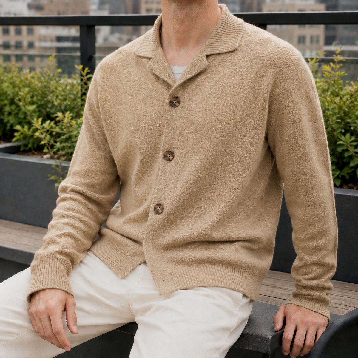 Men's cashmere blend cardigan shown from the side