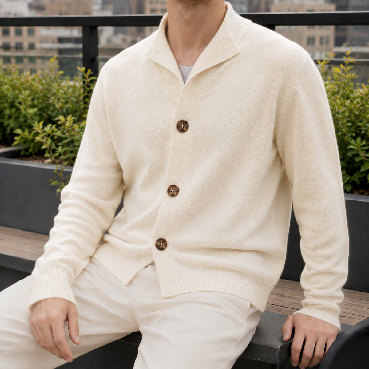 Men's cashmere blend button-front sweater displayed as a classic layering piece