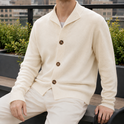 Men's cashmere blend button-front sweater displayed as a classic layering piece
