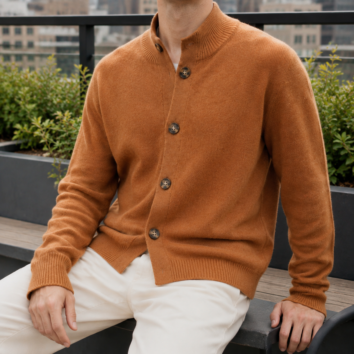 Men's cashmere blend button-front sweater shown from the front