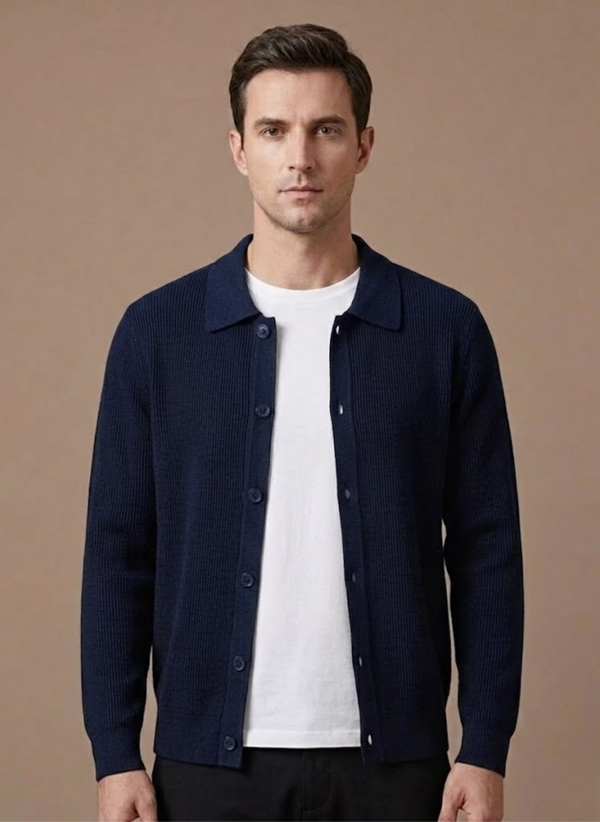 Front view of a classic men's long-sleeve cardigan