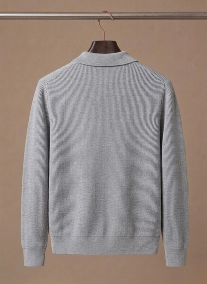 Detailed view of the men's cardigan knit texture and front design