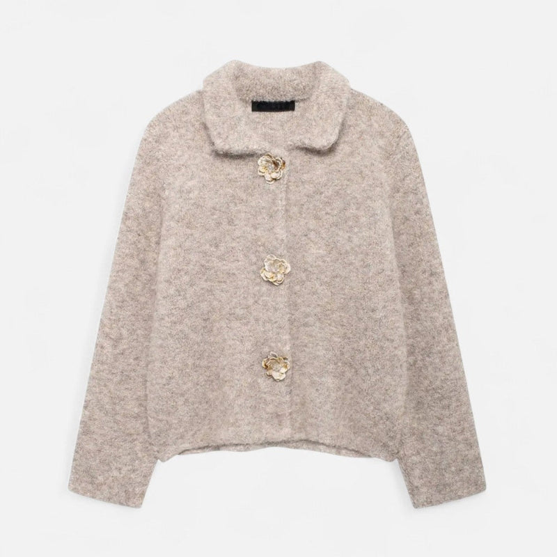 Strickjacke für Damen, mit floralen Knopfdetails | Hüftlang