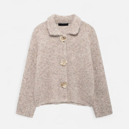Strickjacke für Damen, mit floralen Knopfdetails | Hüftlang