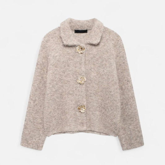Strickjacke für Damen, mit floralen Knopfdetails | Hüftlang