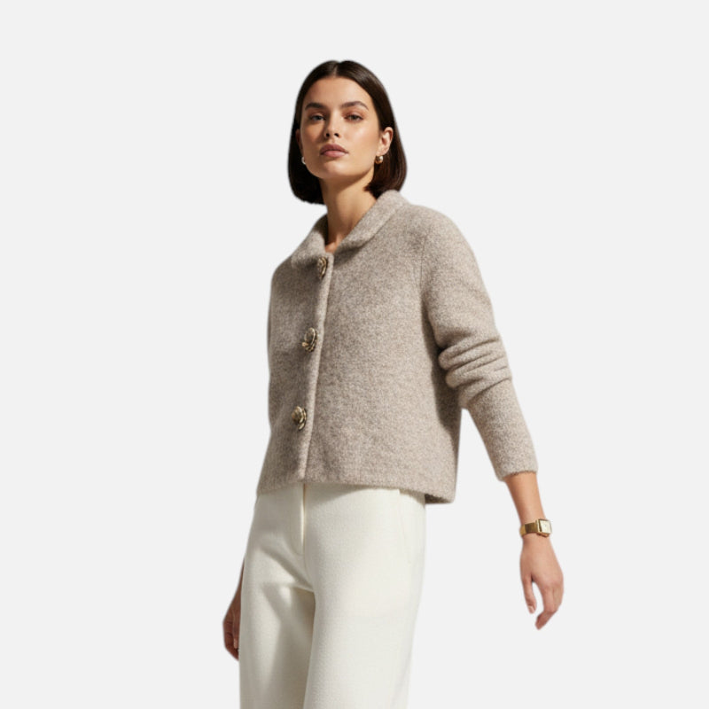 Strickjacke für Damen, mit floralen Knopfdetails | Hüftlang