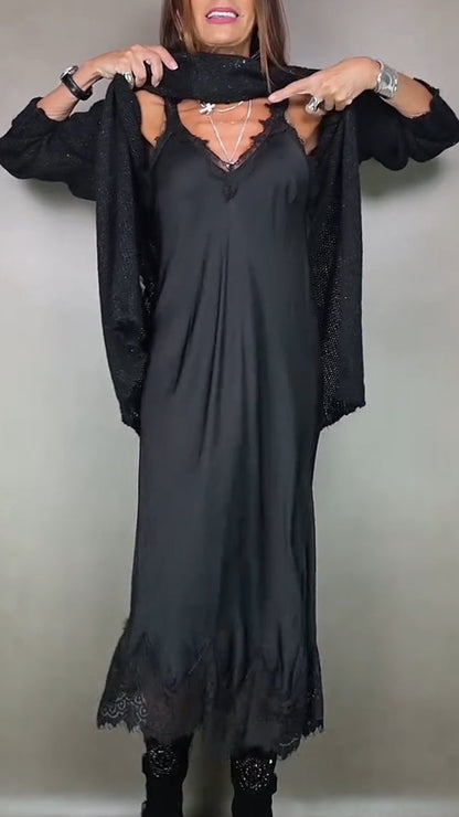 Ivana | Damen Langes Strickkleid mit Unterkleid - Black - Image 4